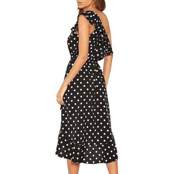 One Shoulder Ruffle Cute Polka Dot Elastic Waist Hi-Lo Flowy Dress SIZE M NEW - Picture 4 of 16